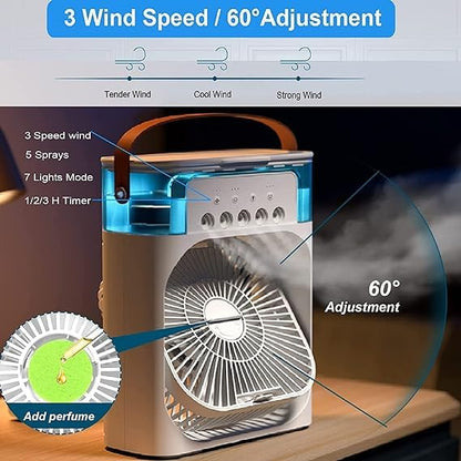 Portable 3-in-1 Air Conditioner Fan with LED Night Lights, Humidifier, and Air Adjustment - Ideal for Home Use
