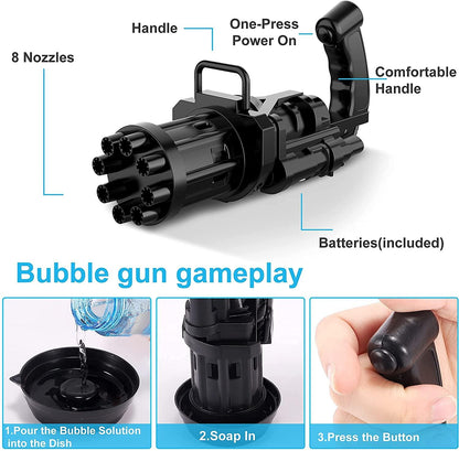 Bubble Gun- 8 Hole Automatic Gatling Bubble Gun Blower Maker, with 3 Batteries and Bubble Water(Assorted Color)